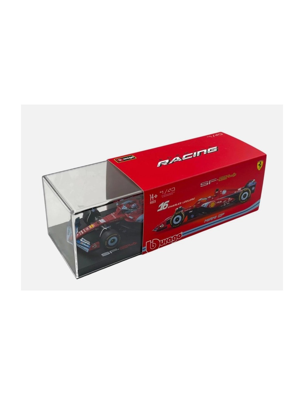 Modellino Ferrari SF-24 Leclerc F1 2024 Scala 1:18 Burago - Edizione Miami GP, Colori Rosso Nero Azzurro
