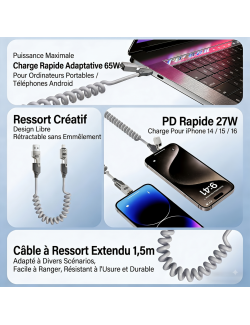 Câble USB-C Rétractable à Ressort 1.5m | Charge Rapide 65W &-Magickart